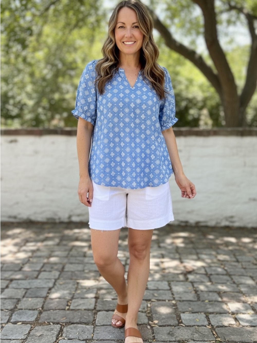 Women's Blue Embroidered Split-Neck Top